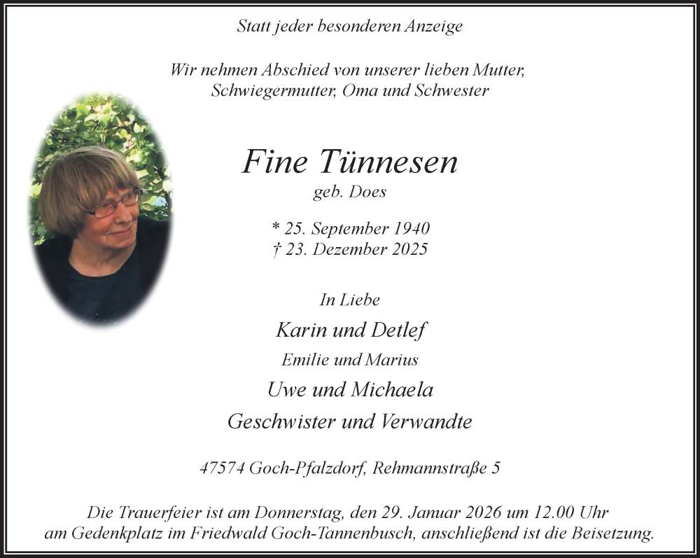  Traueranzeige für Fine Tünnesen vom 17.01.2026 aus NNA