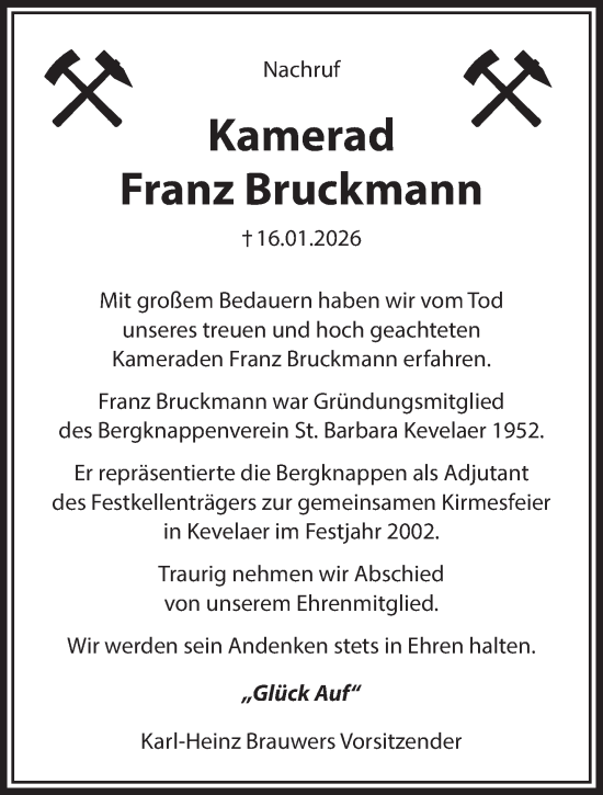 Traueranzeige von Franz Bruckmann von NNA