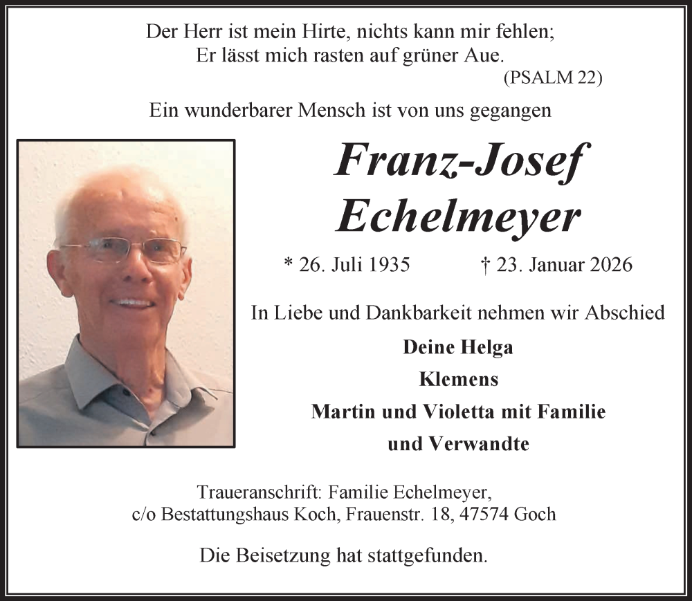  Traueranzeige für Franz-Josef Echelmeyer vom 31.01.2026 aus NNA
