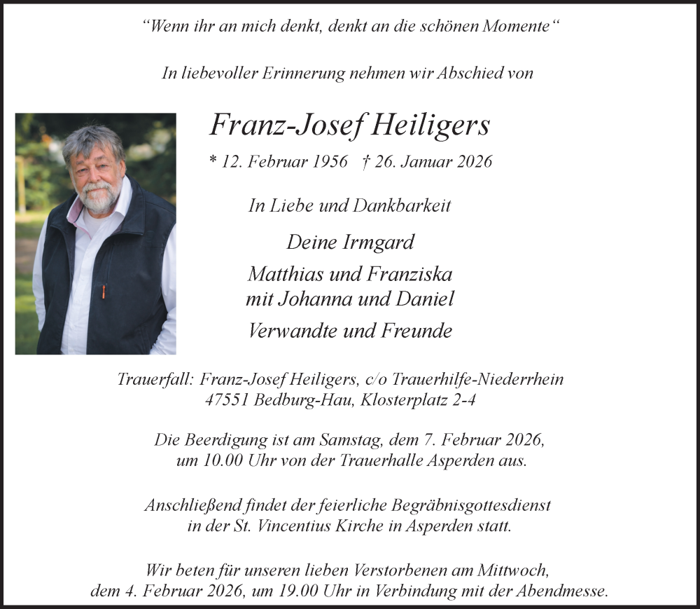  Traueranzeige für Franz-Josef Heiligers vom 31.01.2026 aus NNA