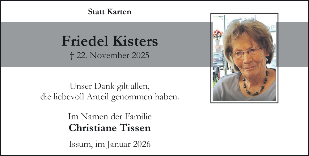  Traueranzeige für Friedel Kisters vom 03.01.2026 aus NNA