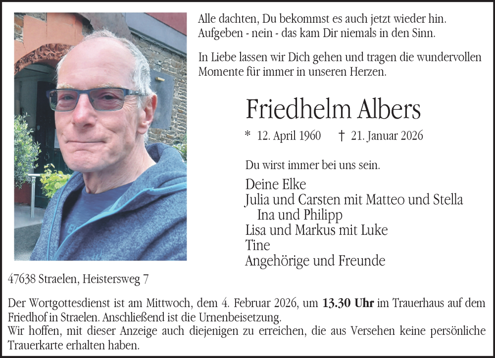  Traueranzeige für Friedhelm Albers vom 31.01.2026 aus NNA