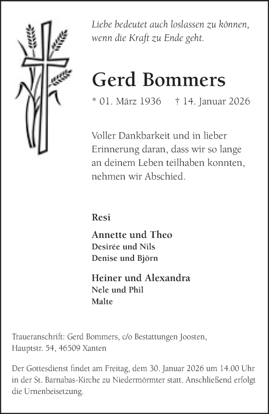 Traueranzeige von Gerd Bommers von NNA