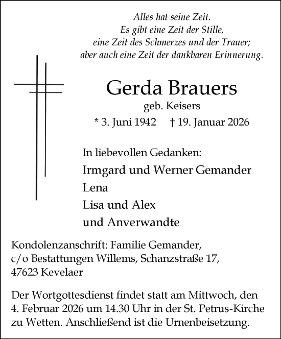 Traueranzeige von Gerda Brauers von NNA