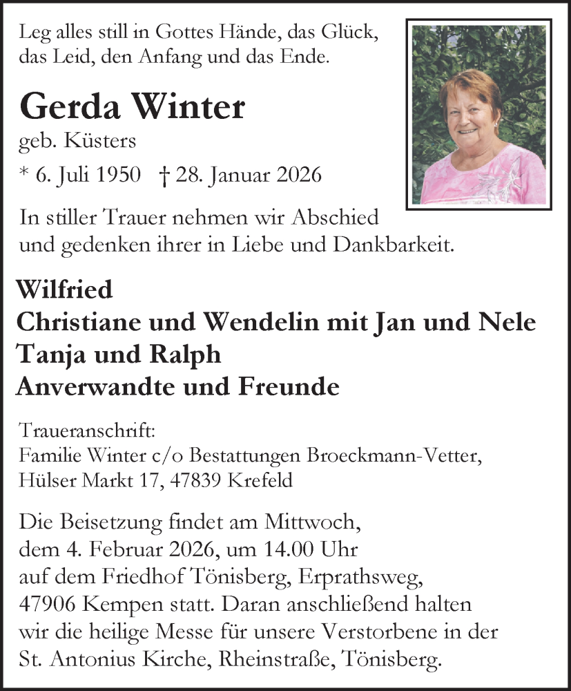  Traueranzeige für Gerda Winter vom 31.01.2026 aus NNA