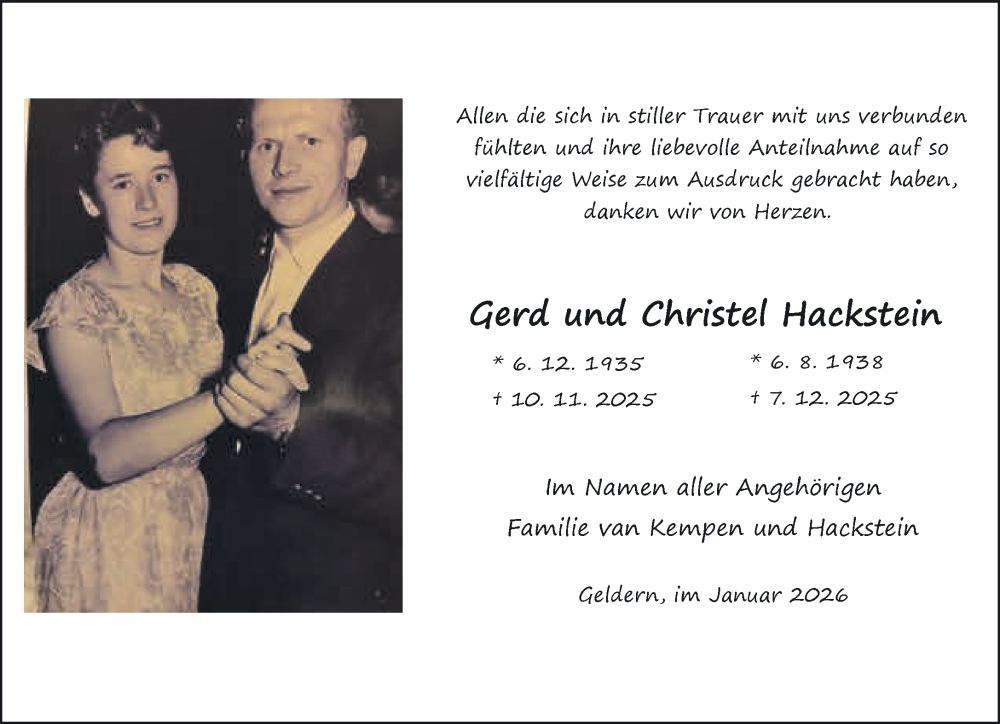  Traueranzeige für Gerd und Christel Hackstein vom 03.01.2026 aus NNA