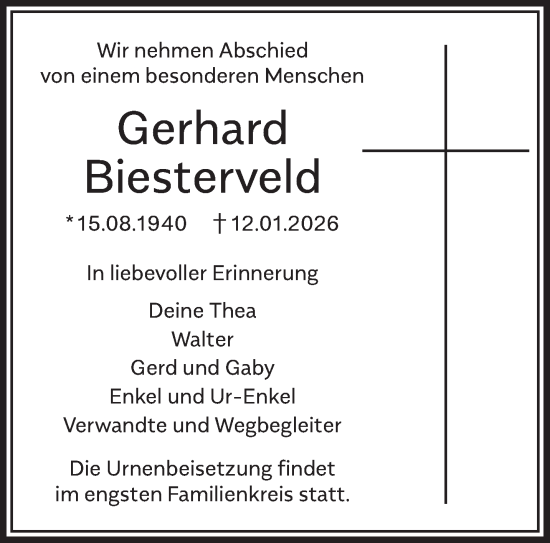 Traueranzeige von Gerhard Biesterveld von NNA