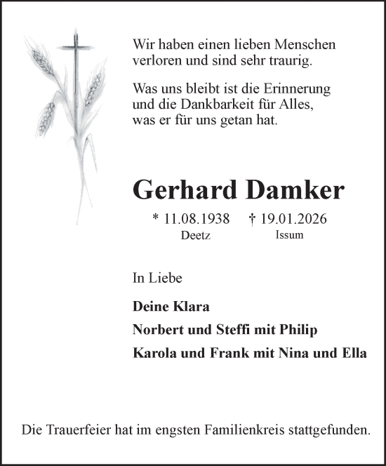 Traueranzeige von Gerhard Damker von NNA