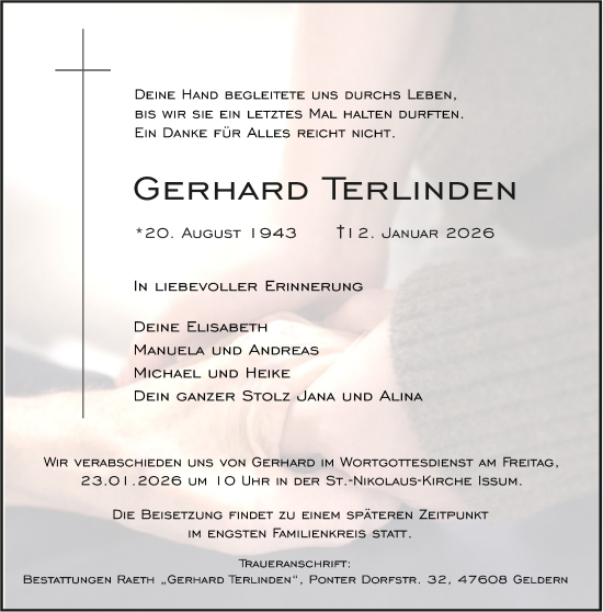 Traueranzeige von Gerhard Terlinden von NNA