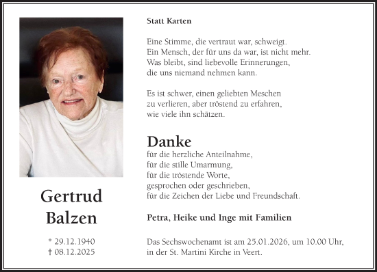 Traueranzeige von Gertrud Balzen von NNA
