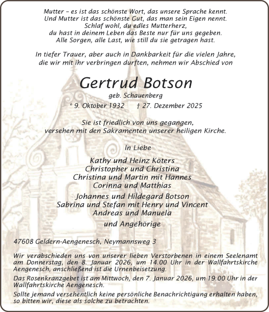 Traueranzeige von Gertrud Botson von NNA
