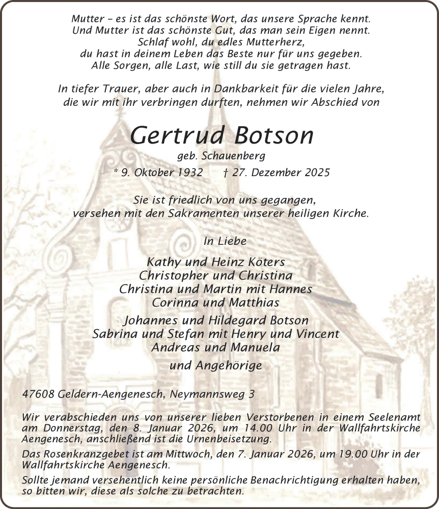  Traueranzeige für Gertrud Botson vom 03.01.2026 aus NNA