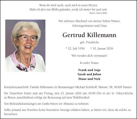 Traueranzeige von Gertrud Killemann von NNA