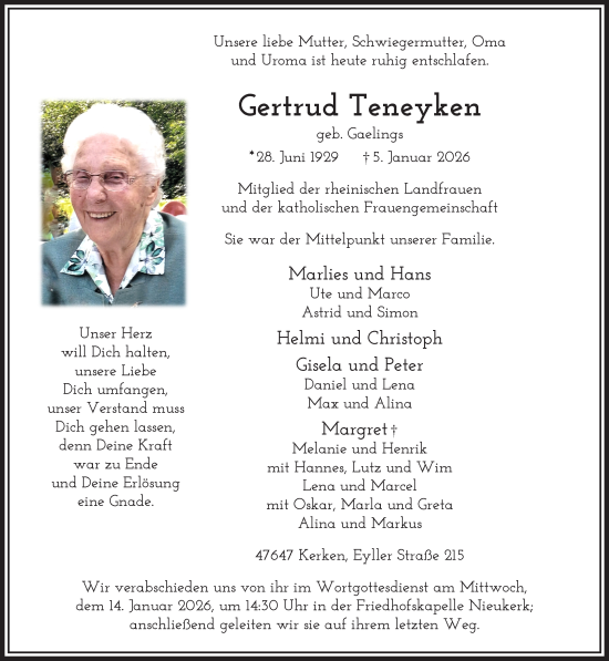 Traueranzeige von Gertrud Teneyken von NNA