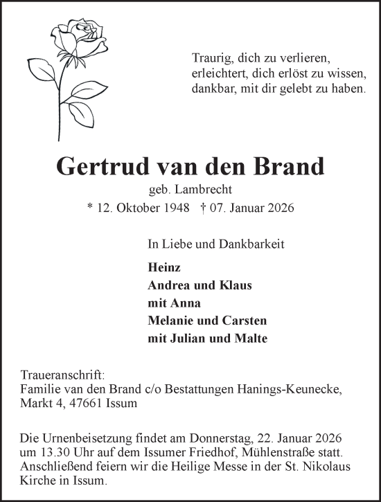 Traueranzeige von Gertrud van den Brand von NNA