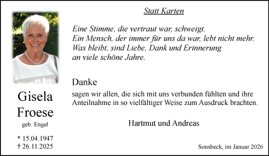 Traueranzeige von Gisela Froese von NNA