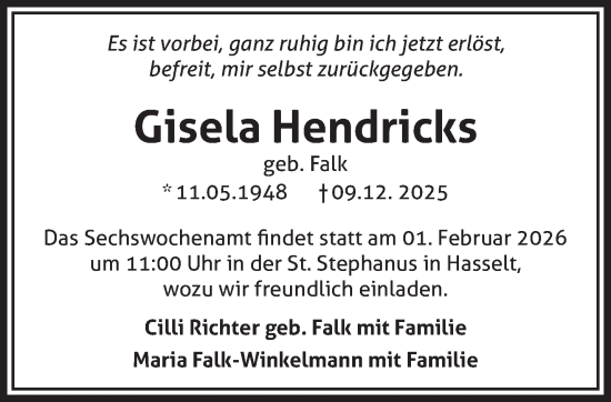 Traueranzeige von Gisela Hendricks von NNA