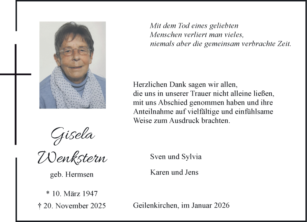  Traueranzeige für Gisela Wenkstern vom 24.01.2026 aus NNA
