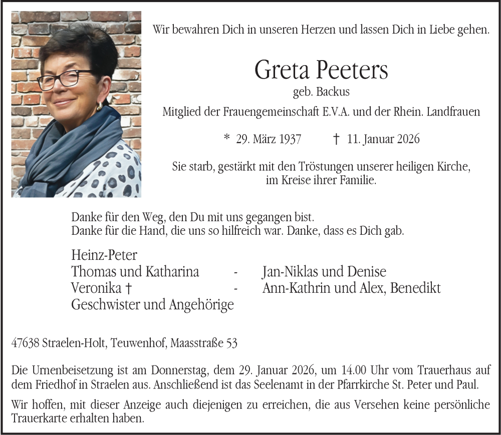  Traueranzeige für Greta Peeters vom 24.01.2026 aus NNA