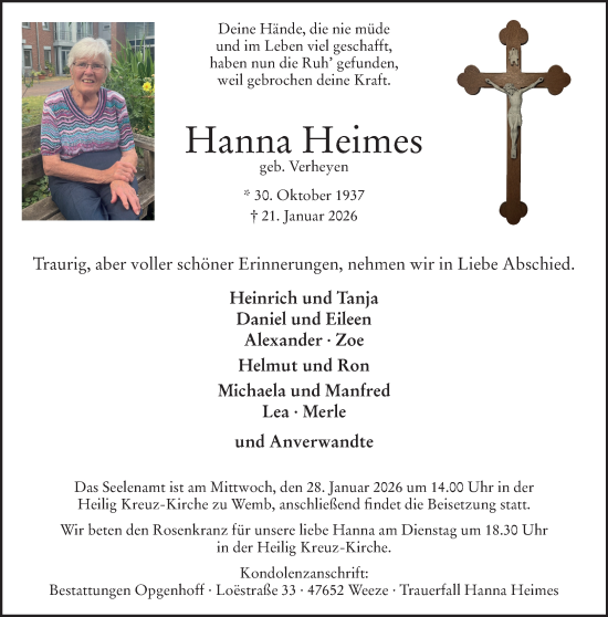 Traueranzeige von Hanna Heimes von NNA