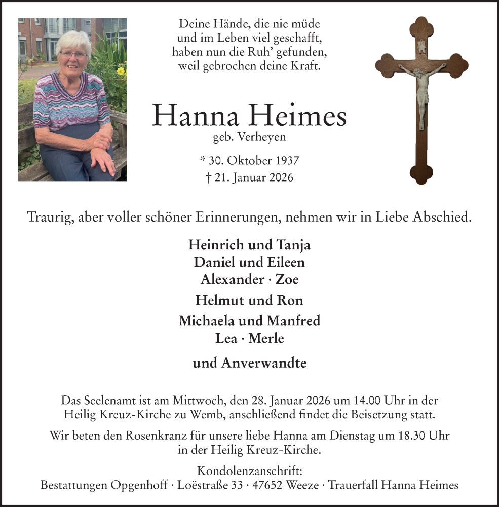  Traueranzeige für Hanna Heimes vom 24.01.2026 aus NNA