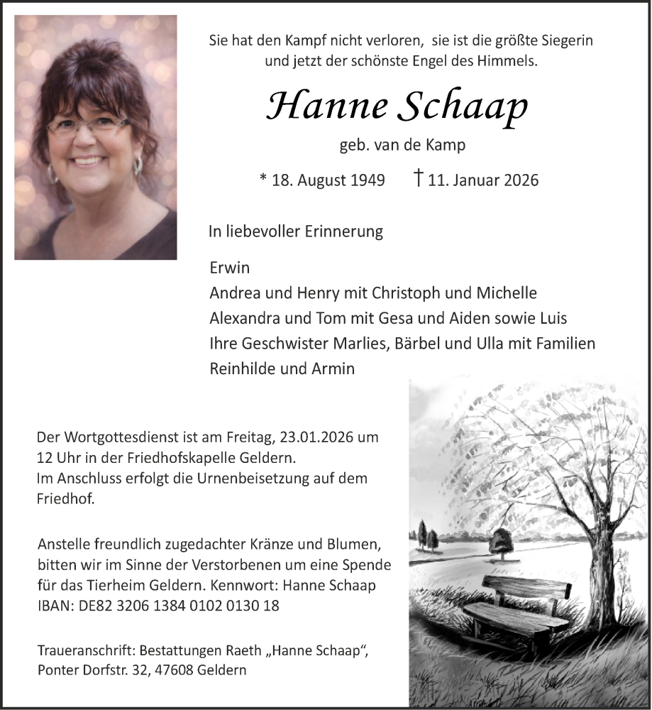  Traueranzeige für Hanne Schaap vom 17.01.2026 aus NNA