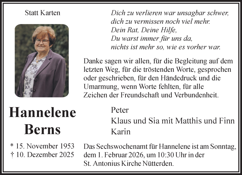  Traueranzeige für Hannelene Berns vom 24.01.2026 aus NNA