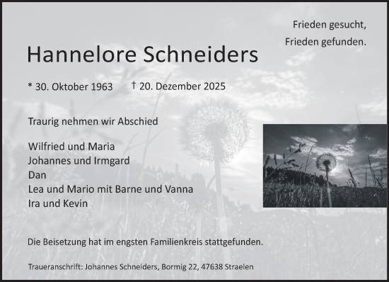 Traueranzeige von Hannelore Schneiders von NNA