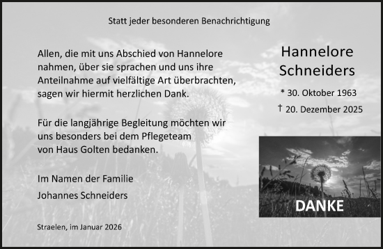Traueranzeige von Hannelore Schneiders von NNA