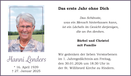 Traueranzeige von Hanni Lenders von NNA