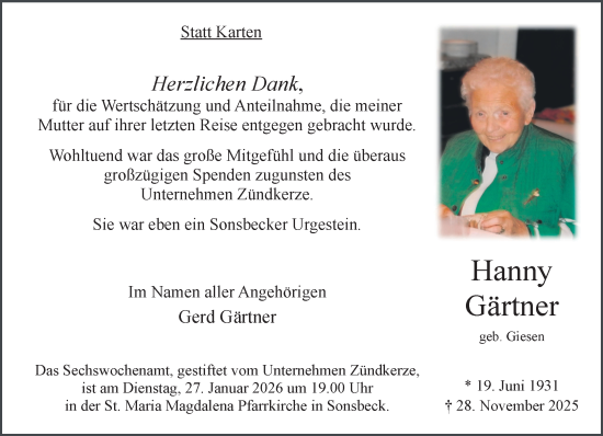 Traueranzeige von Hanny Gärtner von NNA