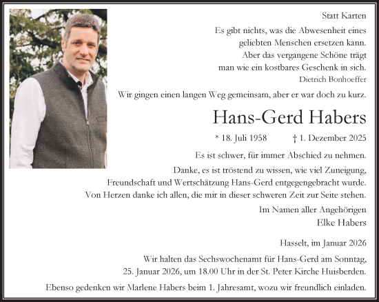 Traueranzeige von Hans-Gerd Habers von NNA