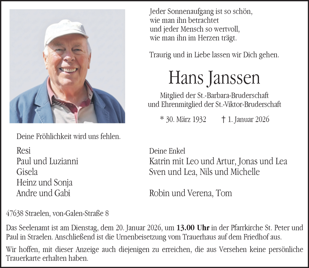  Traueranzeige für Hans Janssen vom 17.01.2026 aus NNA