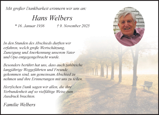Traueranzeige von Hans Welbers von NNA