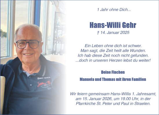 Traueranzeige von Hans-Willi Gehr von NNA