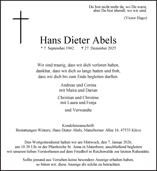 Traueranzeige von Hans Dieter Abels von NNA