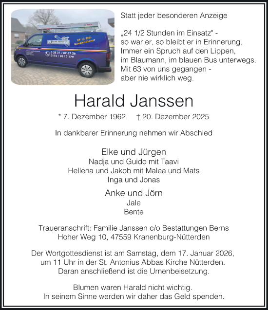 Traueranzeige von Harald Janssen von NNA