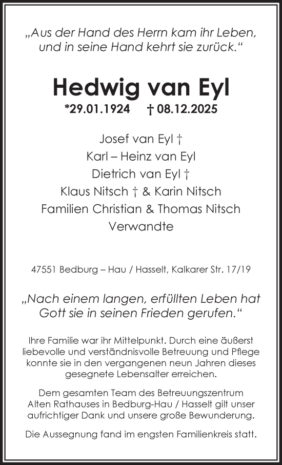 Traueranzeige von Hedwig van Eyl von NNA