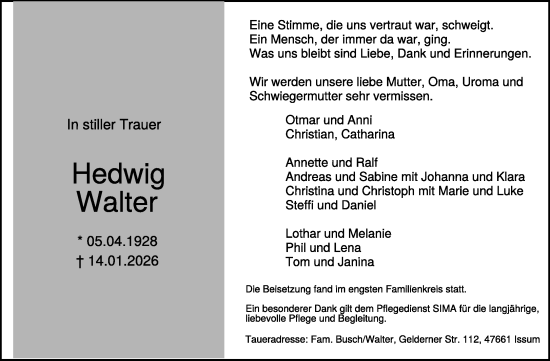 Traueranzeige von Hedwig Walter von NNA