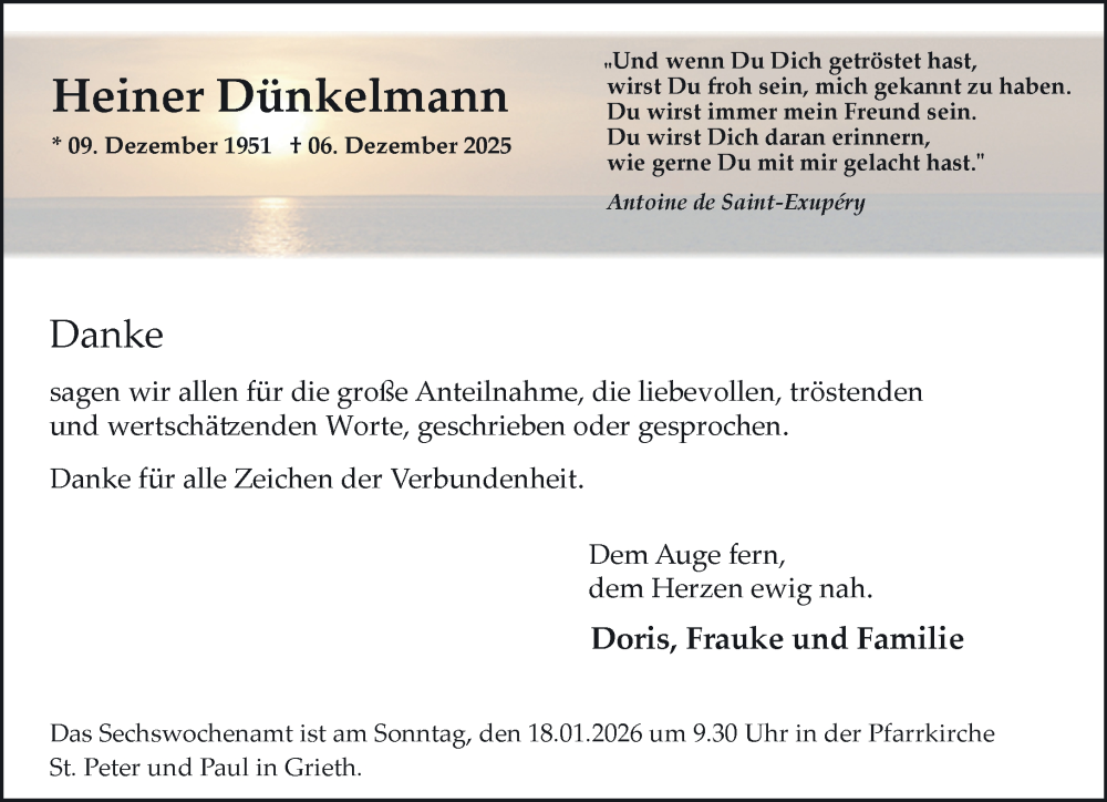  Traueranzeige für Heiner Dünkelmann vom 10.01.2026 aus NNA