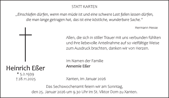 Traueranzeige von Heinrich Eßer von NNA