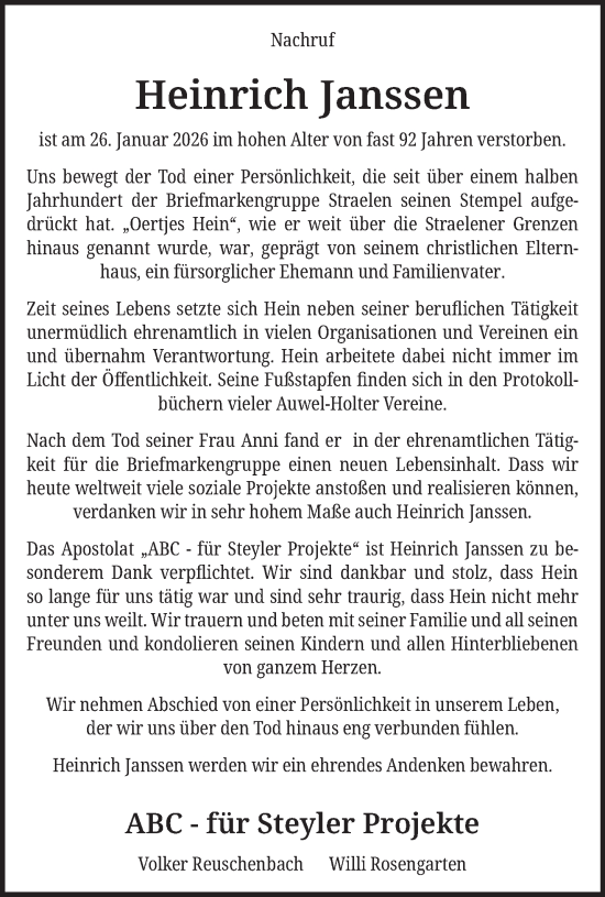Traueranzeige von Heinrich Janssen von NNA