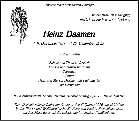 Traueranzeige von Heinz Daamen von NNA