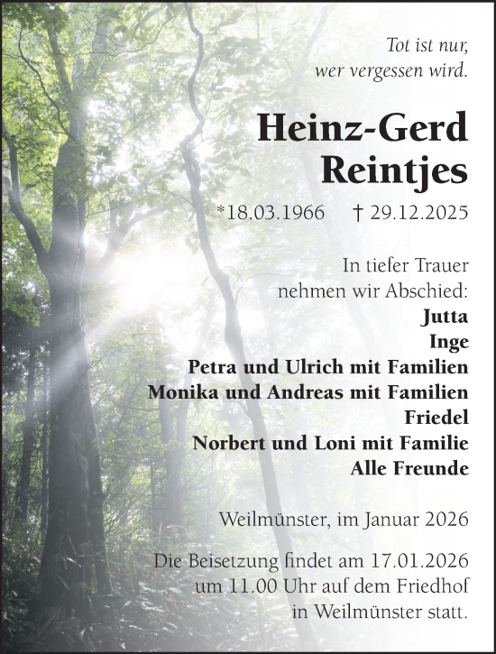 Traueranzeige von Heinz-Gerd Reintjes von NNA