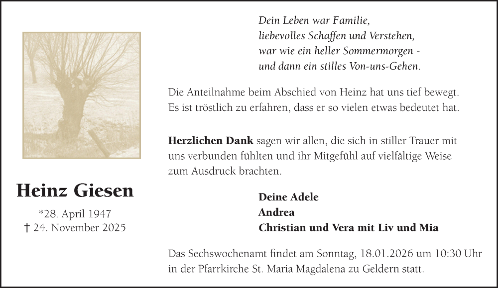  Traueranzeige für Heinz Giesen vom 10.01.2026 aus NNA