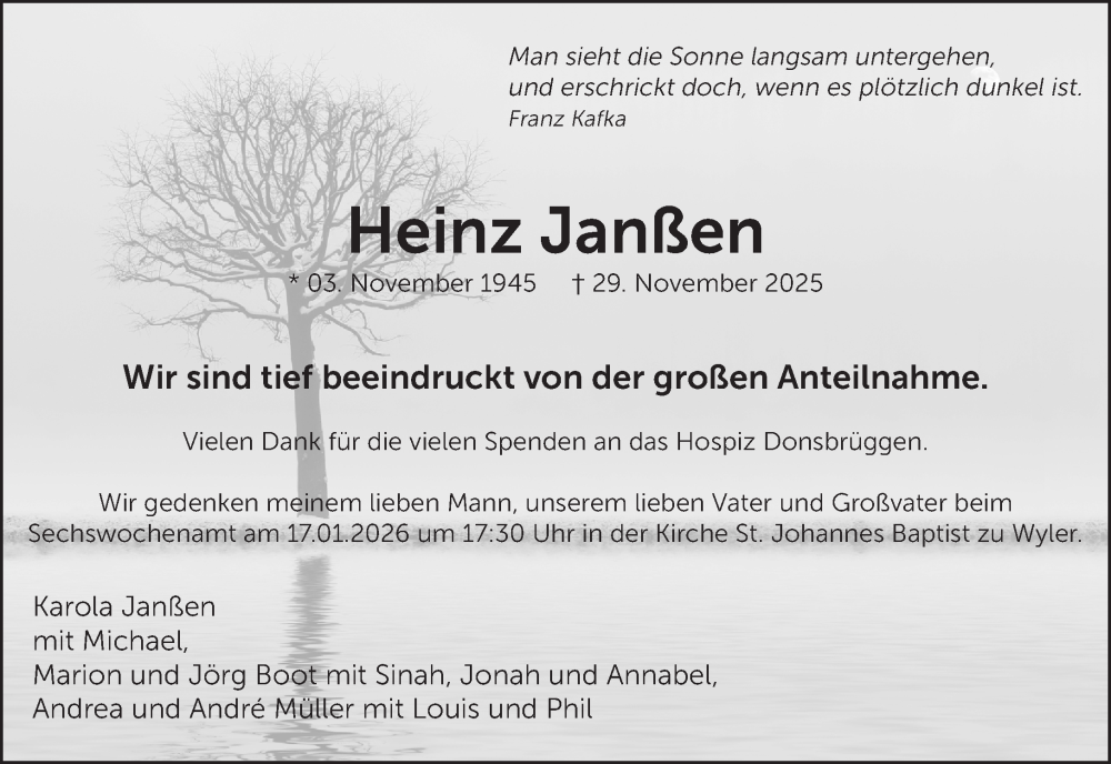  Traueranzeige für Heinz Janßen vom 10.01.2026 aus NNA