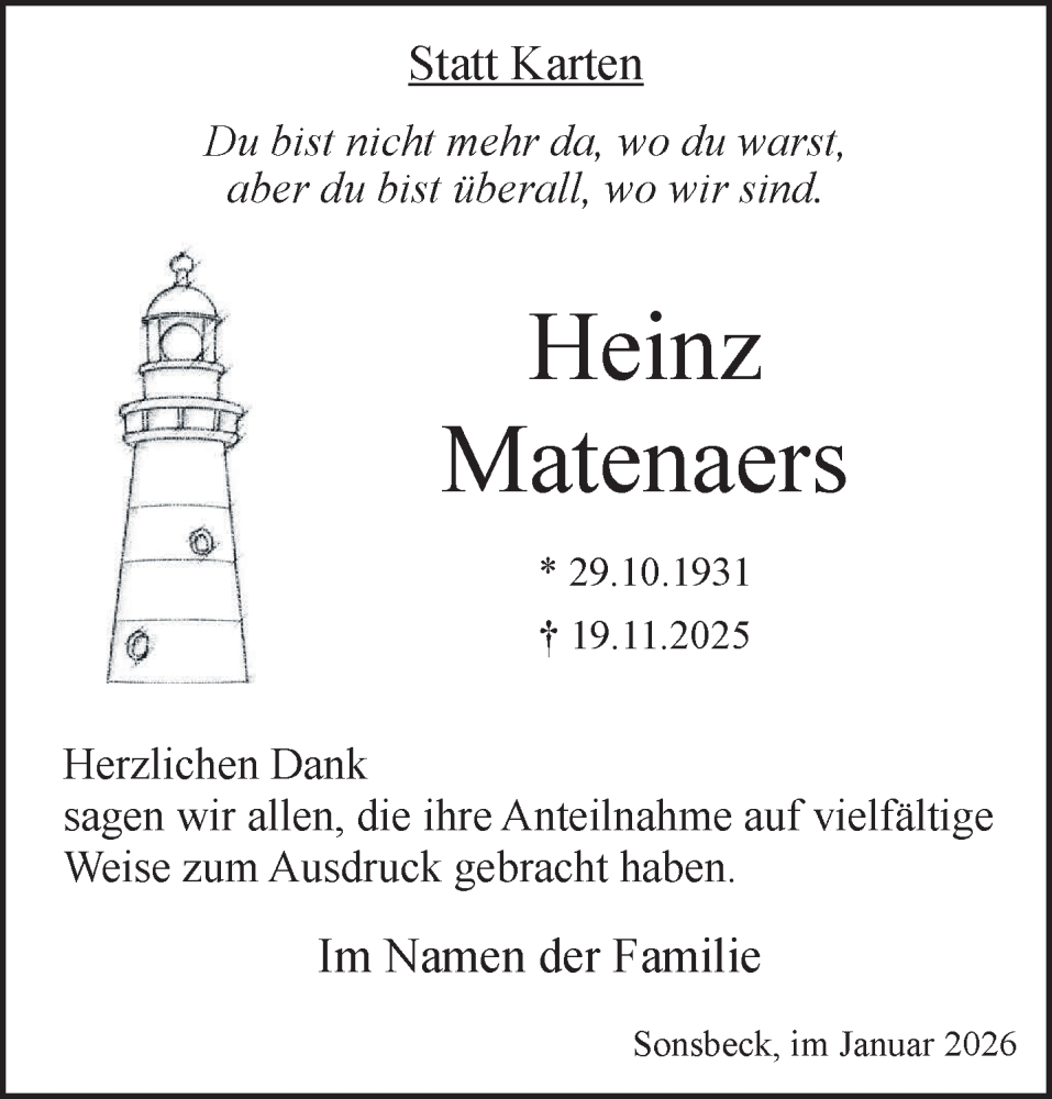  Traueranzeige für Heinz Matenaers vom 24.01.2026 aus NNA
