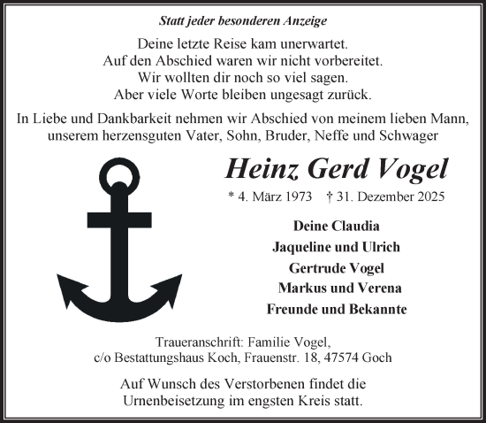 Traueranzeige von Heinz Gerd Vogel von NNA