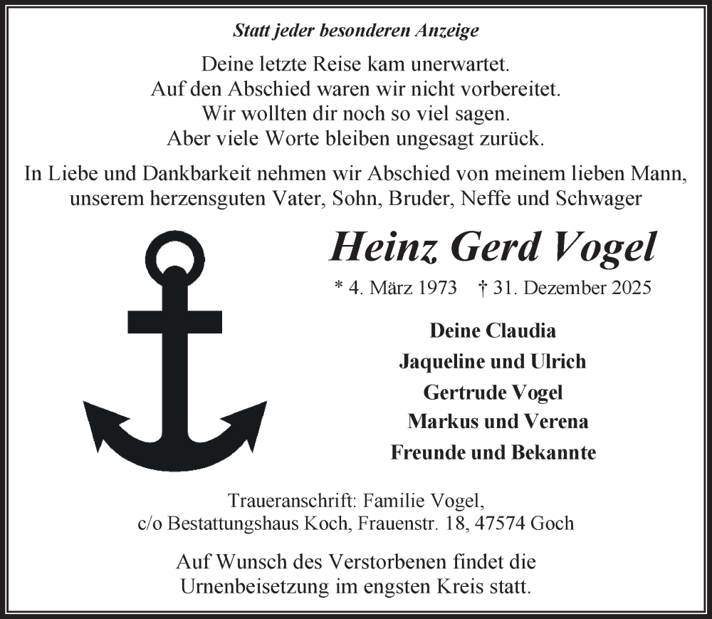  Traueranzeige für Heinz Gerd Vogel vom 24.01.2026 aus NNA