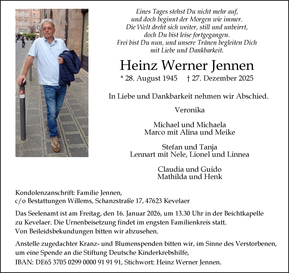  Traueranzeige für Heinz Werner Jennen vom 10.01.2026 aus NNA